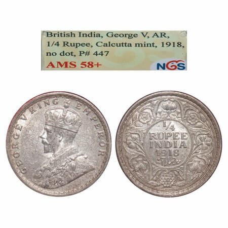 George V, Silver, 1/4 Rupee, 1918, Calcutta Mint, No dot, Elephant. F. Prid 447. GK 1091. 