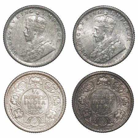 George V, Silver, 1/4 Rupee, (2 coins), 1918, 1919, Calcutta Mint, No dot, Elephant. F. Pr