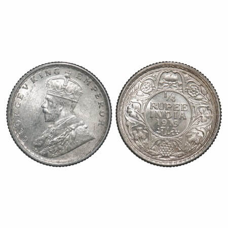 George V, Silver, 1/4 Rupee, 1919, Calcutta Mint, No dot, Elaphant. F. Prid 448. GK 1092. 