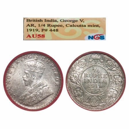 George V, Silver, 1/4 Rupee, 1919, Calcutta Mint, No dot, Elephant. F. Prid 448. GK 1092. 
