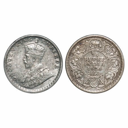 George V, Silver, 1/4 Rupee, 1926, Calcutta Mint, No dot, Elephant. F. Prid 449. GK 1094. 