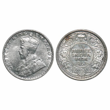 George V, Silver, 1/4 Rupee, 1928, Bombay Mint, Dot, Elephant. F. Prid 459. GK 1095. Extre