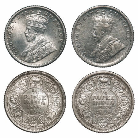 George V, Silver, 1/4 Rupee, (2 coins), 1929, 1930, Calcutta Mint, No dot, Elephant. F. Pr
