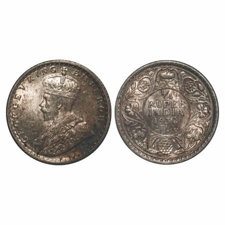 George V, Silver, 1/4 Rupee, 1930, Calcutta Mint, No Dot, Elephant. F. Prid 451. GK 1097. 