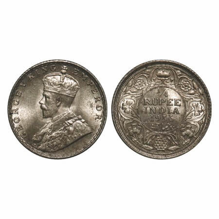 George V, Silver, 1/4 Rupee, 1936, Bombay Mint, Dot, Elephant, With tiny Diamond shape pyr