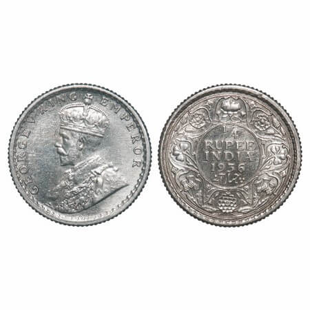 George V, Silver, 1/4 Rupee, 1936, Calcutta Mint, No dot, Elephant. F. Prid 453. GK 1099. 