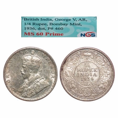 George V, Silver, 1/4 Rupee, 1936, Bombay Mint, Dot, Elephant. F. Prid 460. GK 1100. NGS S