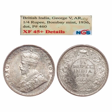 George V, Silver, 1/4 Rupee, 1936,Bombay Mint, Dot, Elephant. F. Prid 460. GK 1110. NGS Sl