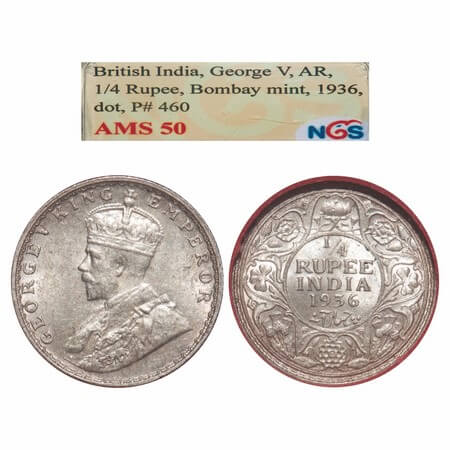 George V, Silver, 1/4 Rupee, 1936, Bombay Mint, Dot, Elephant. F. Prid 460. GK 1100. NGS S