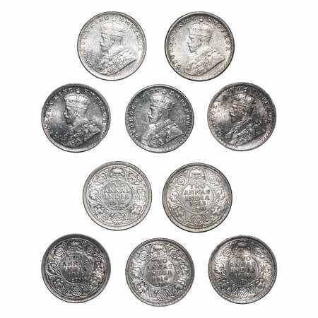George V, Silver, (lot of 5 coins), 1) 1/4 Rupee, 1936, Bombay Mint, Dot, Elephant, 2 & 3)
