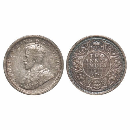 George V, Silver, 2 Annas, 1911, Calcutta Mint, No dot, Pig-Type. F. Prid 564. GK 1107. Ex