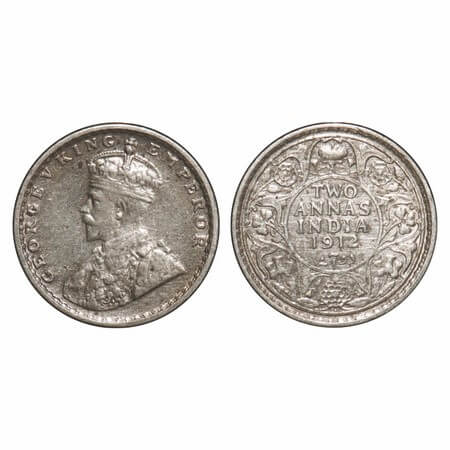 George V, Silver, 2 Annas, 1912, Bombay Mint, Dot, Re-drawn Elephant. F. Prid 571. GK 1109
