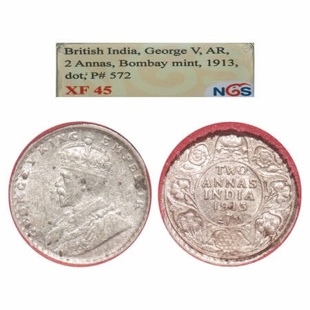 George V, Silver, 2 Annas, 1913, Bombay Mint, Dot, Elephant. F. Prid. 572. GK 1111. NGS Sl