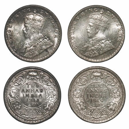 George V, Silver, 2 Annas, (2 coins), 1913, 1914, Bombay Mint, Dot, Elephant. F. Prid. 572