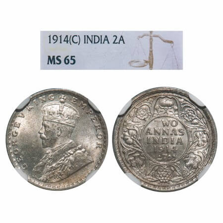 George V, Silver, 2 Annas, 1914, Calcutta Mint, No dot, Elephant. F. Prid 567. GK 1112. NG