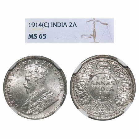 George V, Silver, 2 Annas, 1914, Calcutta Mint, No dot, Elephant. F. Prid 567. GK 1112. NG