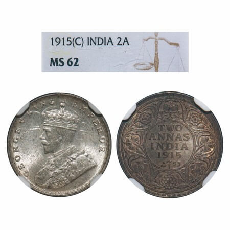 George V, Silver, 2 Annas, 1915, Calcutta Mint, No dot, Elephant. F. Prid 568. GK 1114. NG