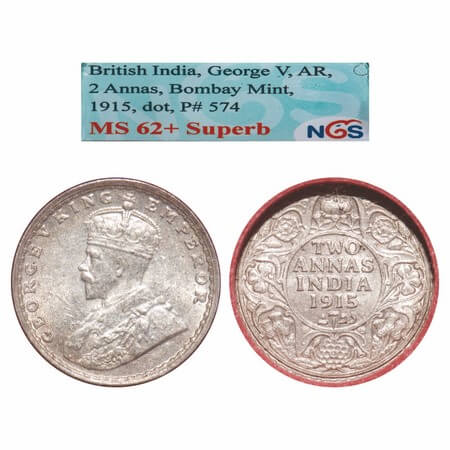 George V, Silver, 2 Annas, 1915, Bombay Mint, Dot, Elephant. F. Prid. 574. GK 1115. NGS Sl