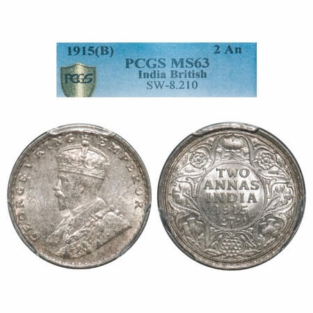 George V, Silver, 2 Annas, 1915, Bombay Mint, Dot, Elephant. F. Prid 574. GK 1115. PCGS Sl
