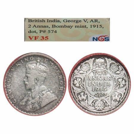 George V, Silver, 2 Annas, 1915, Bombay Mint, Dot, Elephant. F. Prid 574. GK 1115. NGS Sla