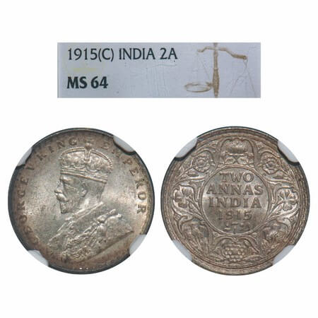 George V, Silver, 2 Annas, 1915, Calcutta Mint, No dot, Elephant. F. Prid 568. GK 1114. NG