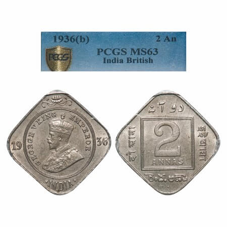 George V, Copper-Nickel, 2 Annas, 1936, Bombay Mint, Dot. F. Prid 903. GK 1140. PCGS Slabb