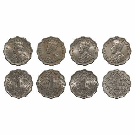George V, Copper-Nickel, 1 Anna, (4 coins), 1) 1917, Bombay Mint, No dot, 2) 1929, Calcutt