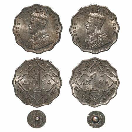 George V, Copper-Nickel, 1 Anna, (2 coins), 1936, Bombay Mint, Dot, 1) Small dot, 2) Big d