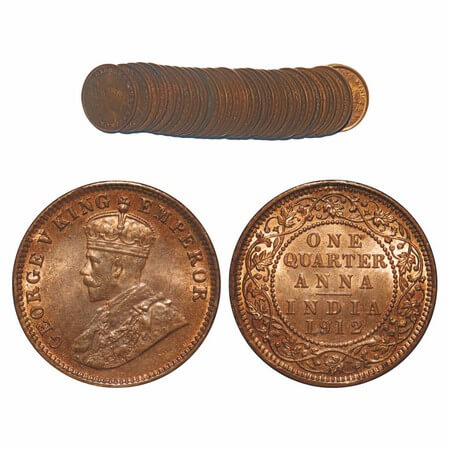 George V, Bronze, Quarter Anna, (Lot of 32 coins), 1912, Calcutta Mint, No dot, Elephant. 