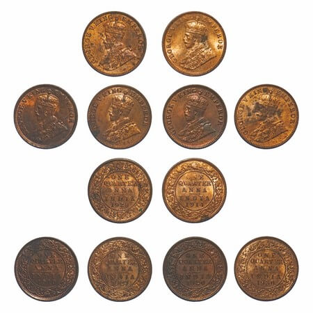 George V, Bronze, Quarter Anna, (lot of 6 coins), 1) 1914, Calcutta Mint, No dot, Elephant