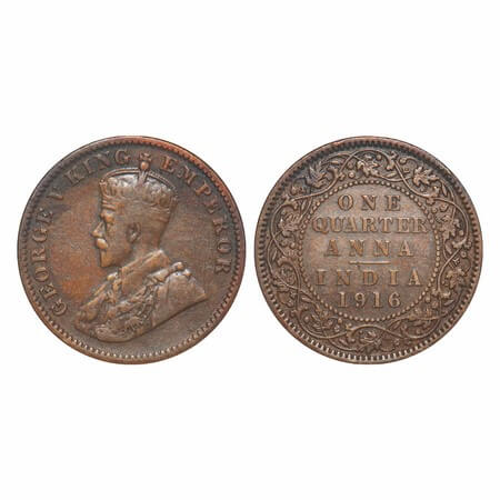 George V, Bronze, Quarter Anna, 1916, Calcutta Mint, No dot, Elephant. F. Prid 661. GK 117