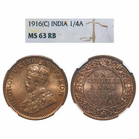 George V, Bronze, Quarter Anna, 1916, Calcutta Mint, No dot, Elephant. F. Prid 661. GK 117