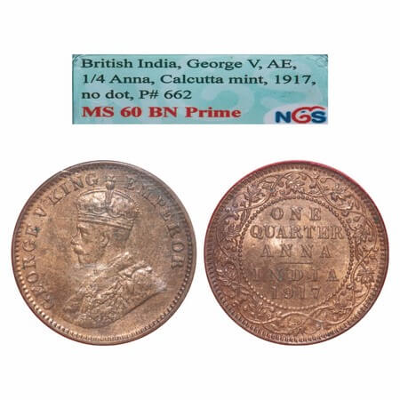 George V, Bronze, Quarter Anna, 1917, Calcutta Mint, No dot, Elephant. F. Prid 662. GK 117
