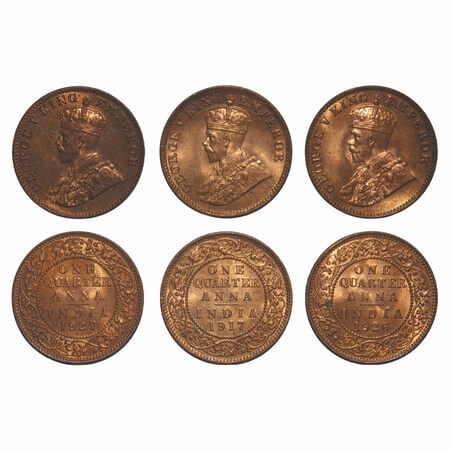 George V, Bronze, Quarter Anna, (3 coins), 1) 1917, Calcutta Mint, No dot, Elephant, 2) 19