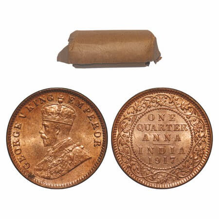 George V, Bronze, Quarter Anna, (Roll of 32 coins), 1917, Calcutta Mint, No dot, Elephant.