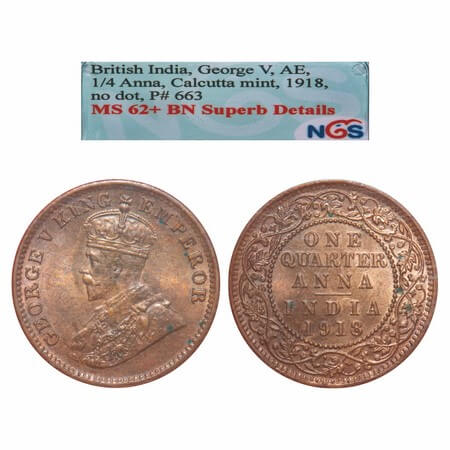 George V, Bronze, Quarter Anna, 1918, Calcutta Mint, No dot, Elephant. F. Prid 663. GK 117