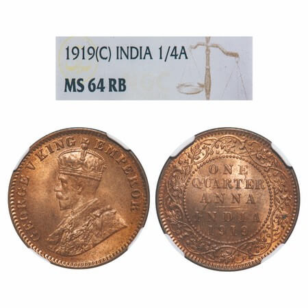 George V, Bronze, Quarter Anna, 1919, Calcutta Mint, No dot, Elephant type. F. Prid 664. G