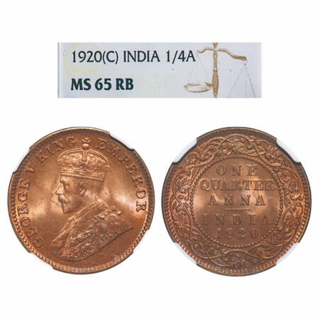 George V, Bronze, Quarter Anna, 1920, Calcutta Mint, No dot, Elephant type. F. Prid 665. G