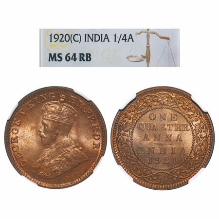 George V, Bronze, Quarter Anna, 1920, Calcutta Mint, No dot, Elephant type. F. Prid 665. G