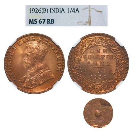 George V, Bronze, Quarter Anna, 1926, Bombay Mint, Dot (small dot), Elephant. F. Prid 679.