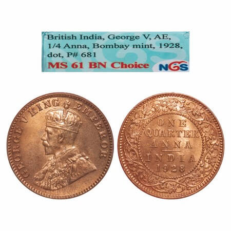 George V, Bronze, Quarter Anna, 1928, Bombay Mint, Dot, Elephant. F. Prid 681. GK 1187. NG