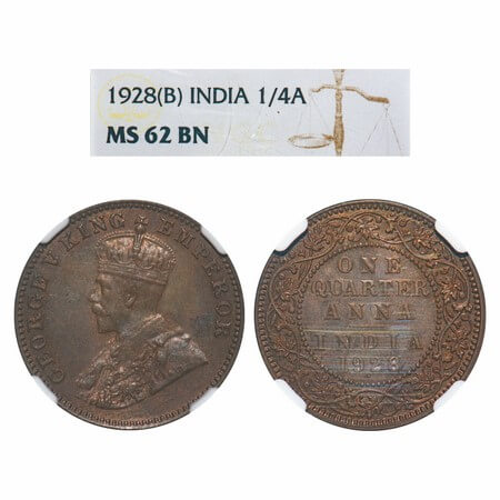 George V, Bronze, Quarter Anna, 1928, Bombay Mint, Dot, Elephant. F. Prid 681. GK 1187. NG