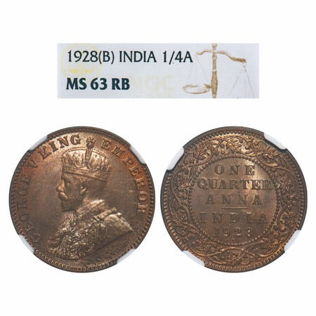 George V, Bronze, Quarter Anna, 1928, Bombay Mint, Dot, Elephant. F. Prid 681. GK 1187. NG