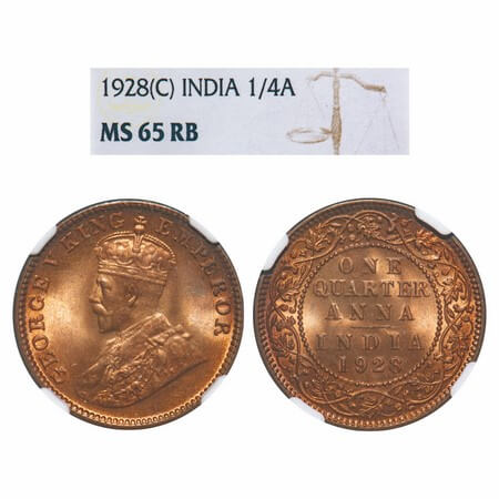 George V, Bronze, Quarter Anna, 1928, Calcutta Mint, No dot, Elephant. F. Prid 669. GK 118