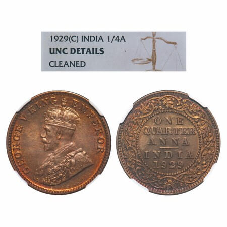 George V, Bronze, Quarter Anna, 1929, Calcutta Mint, No dot, Elephant. F. Prid 670. GK 118