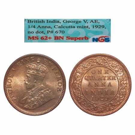 George V, Bronze, Quarter Anna, 1929, Calcutta Mint, No dot, Elephant. F. Prid 670. GK 118