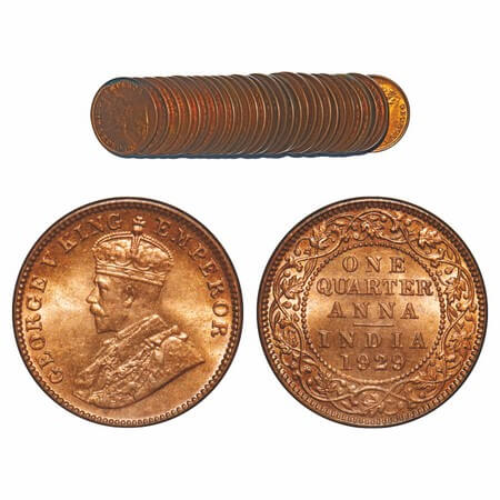 George V, Bronze, Quarter Anna, (Lot of 32 coins), 1929, Calcutta Mint, No dot, Elephant. 
