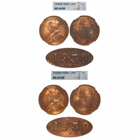George V, Bronze, Quarter Anna, (2 slabs), 1930, 1) Bombay Mint, Dot, Elephant type, 2) Bo