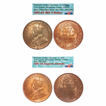 George V, Bronze, Quarter Anna, (2 slabs), 1930, 1) Bombay Mint, Dot, Elephant, 2) Bombay 