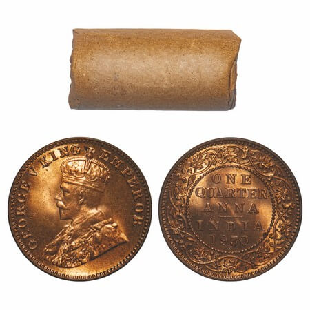 George V, Bronze, Quarter Anna, (Roll of 32 coins), 1930, Bombay Mint, Dot, Elephant. F. P